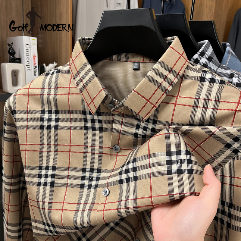 Golf Modern Golf Men's Long-Sleeved Shirt Plaid Spring & Fall New Style Wool and Silk Plaid Shirt