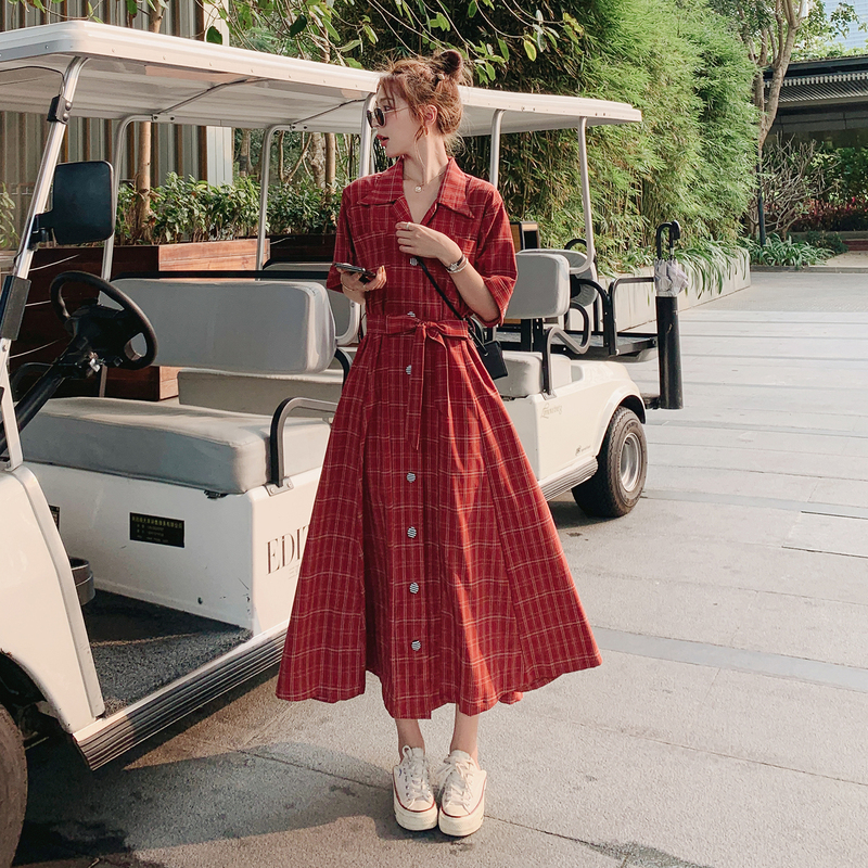 French-Style Plus-Size Dress for Women, Summer Loose Fit, Slimming Waist, Maternity Belly-Covering Plaid Long Shirt Dress French-Style Plus-Size Dress for Women, Summer Loose Fit, Slimming Waist, Maternity Belly-Covering Plaid Long Shirt Dress