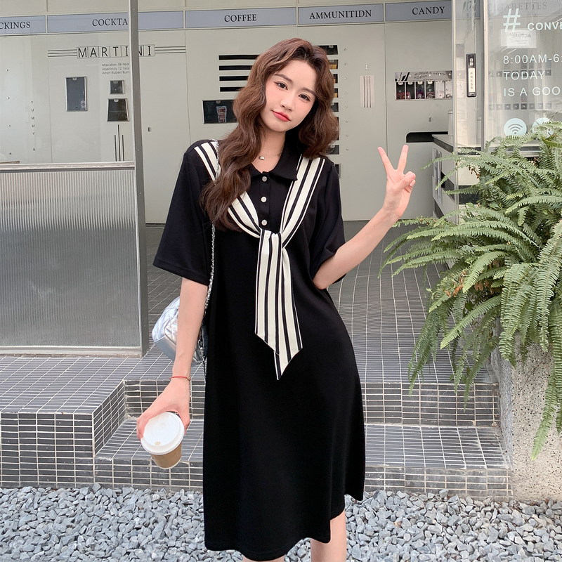 Plus-Size Dress with a Stylish Design, Loose Fit to Cover the Belly and Hide Fat, Slimming Maternity Polo Collar Mid-Length T-Shirt Dress for Summer
