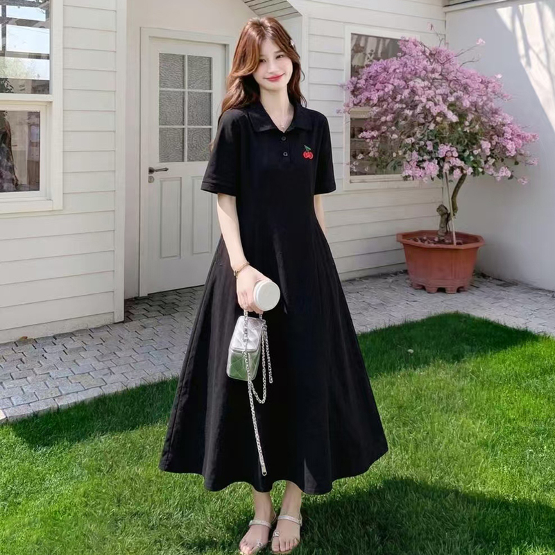 Super Nice-Looking Casual Plus-Size Dress for Women in Summer, Loose and Slimming for Pregnant Women, Belly-Covering Black Long T-Shirt Dress