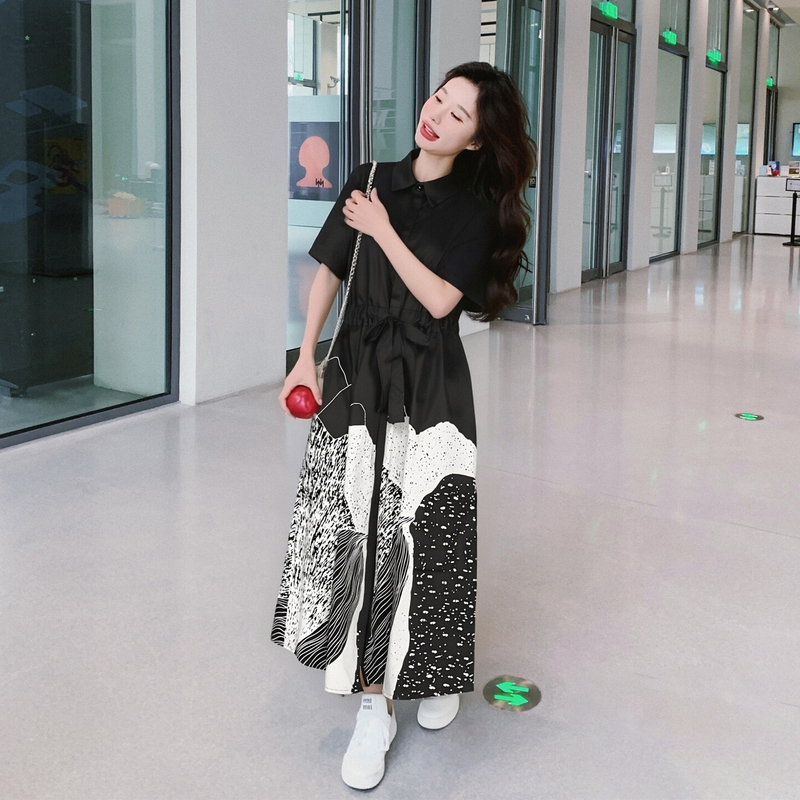 High-End Slimming Fashionable Plus-Size Dress for Women in Summer, Suitable for Pregnant Women to Cover Belly and Hide Fat, Patchwork Long Shirt Dress