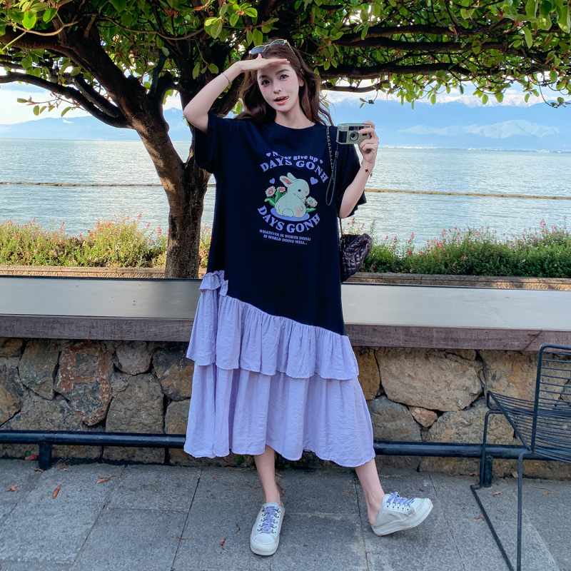 Korean Style Casual Plus-Size Dress for Women, Summer Loose Fit for Chubby Women and Pregnant Women, Belly-Covering, Patchwork, Relaxed Long T-Shirt Dress Korean Style Casual Plus-Size Dress for Women, Summer Loose Fit for Chubby Women and Pregnant Women, Belly-Covering, Patchwork, Relaxed Long T-Shirt Dress