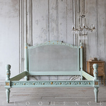 Exported French mint green solid wood rattan bed American French retro solid wood carved double bed British antique bed