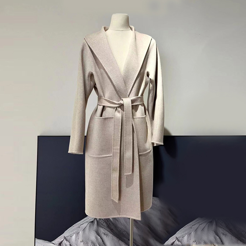 M Brand Qiao Xin Same Style Lilia Water Ripple Double-Sided Cashmere Coat for Women, Oatmeal Color, Classic Slim Fit, Mid-Length with Tie
