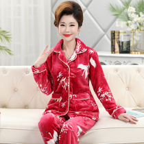 Autumn and winter short long sleeve flannel pajamas ladies winter plus velvet mother thickening 30-40-50 year old set