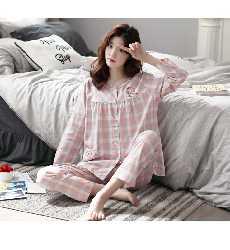 Đồ ngủ nữ mùa thu cotton dài tay dễ thương mùa xuân và mùa thu Hàn Quốc rộng rãi size lớn cộng với bộ đồ hai mảnh phục vụ cho người béo - Bên ngoài ăn mặc