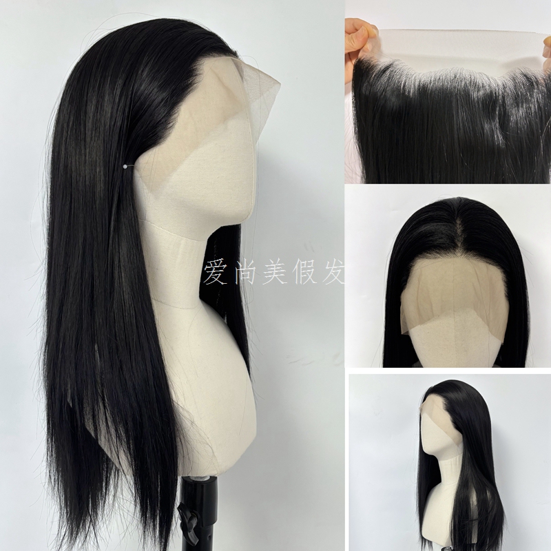 50cm Black Front Lace Hand-Crocheted Wig Matte Silk High-Temperature Fiber Cosplay Full Head Wig Wholesale in Stock
