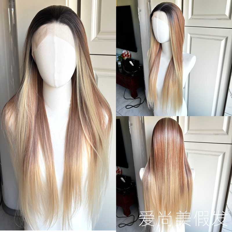 Long Straight Hair Wig 13X4 Lace Front Gradient Color Synthetic Wig Anime Cosplay Universal Blank Full Head Wig