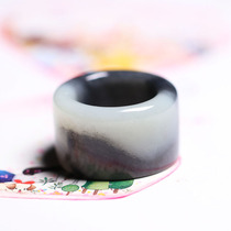 Fine natural Hetian jade Xinjiang blue and white seed material pull finger ring ring black and white clear artistic conception delicate oily