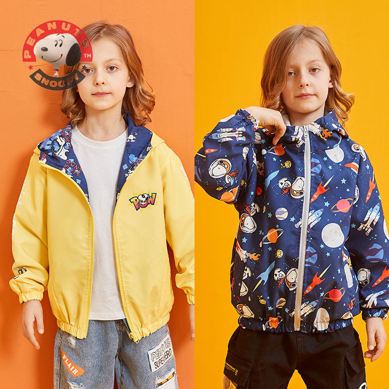 Snoopy's new boy's double-sided casual jacket printed coat autumn tops middle-aged children's hooded baseball uniform