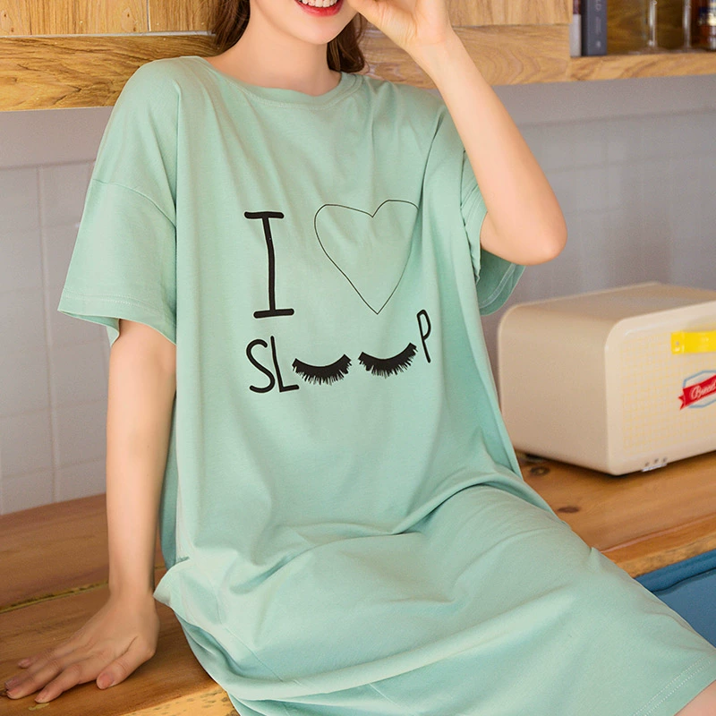 Váy ngủ cotton tinh khiết phụ nữ mùa hè ngắn tay lỏng lẻo Hàn Quốc lông mi dễ thương sinh viên phụ nữ mang thai cộng với kích thước đồ ngủ mỏng mùa hè - Đêm đầm