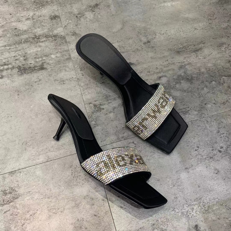 Women's Kitten Heel Square Toe Open-Toe Leather Sole Sandals with Rhinestones, Popular on Social Media