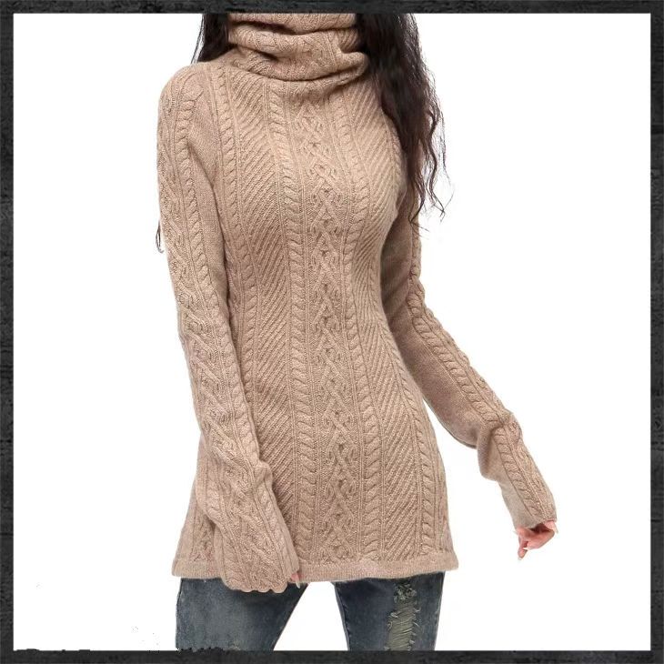 Korean Style Autumn and Winter Women's New Twist-Knit Mid-Length Slim High-Neck Knitted Wool Sweater Thickened Sweater Base Layer Aka