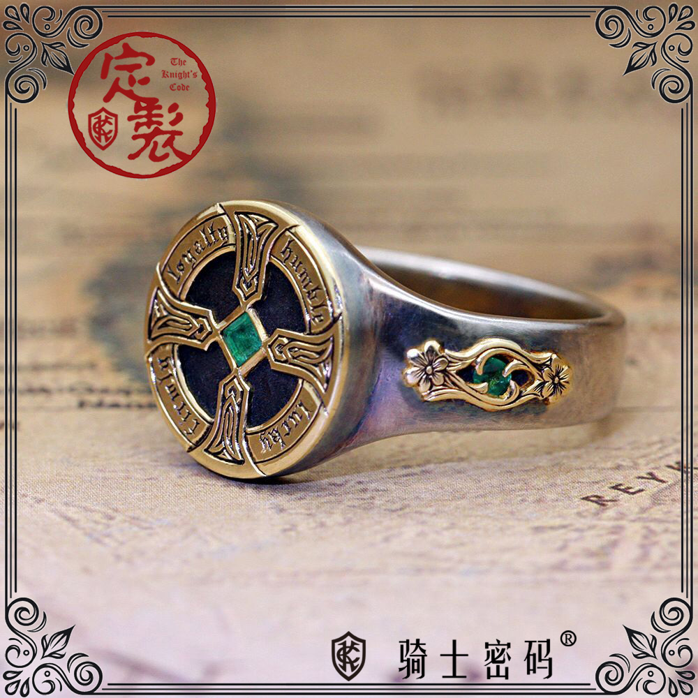 骑士密码【十字架戒指】（18K金925银绿宝石13.5mm圆面）欧洲古典-Taobao Vietnam