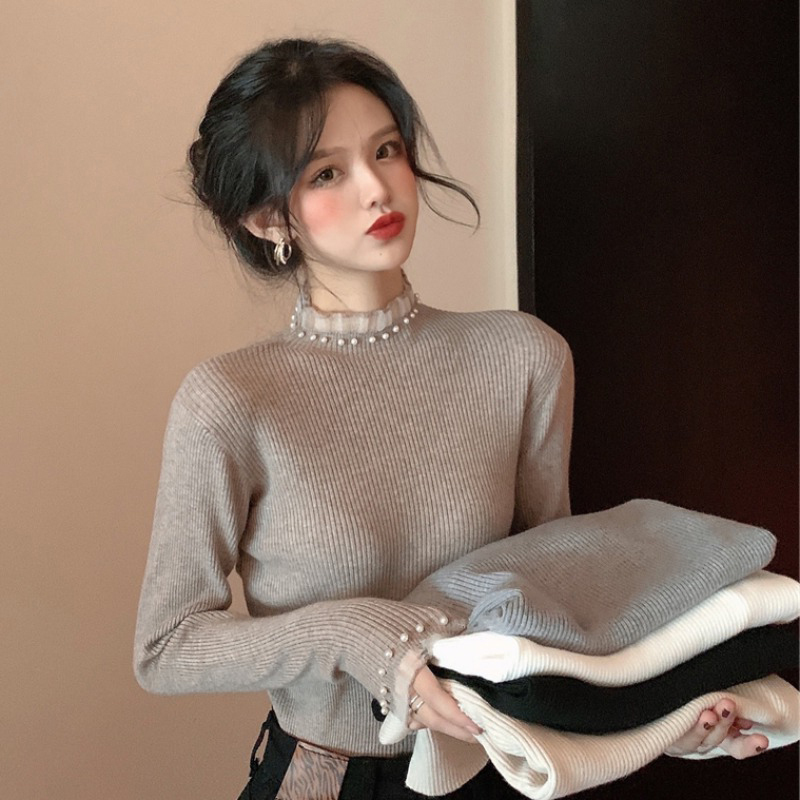 Autumn and Winter Half-Turtleneck Knitwear for Women, Tight-Fitting Inner Layer with Pearl Half-Turtleneck Base Shirt for Women, 2025 New Style Fashionable Top