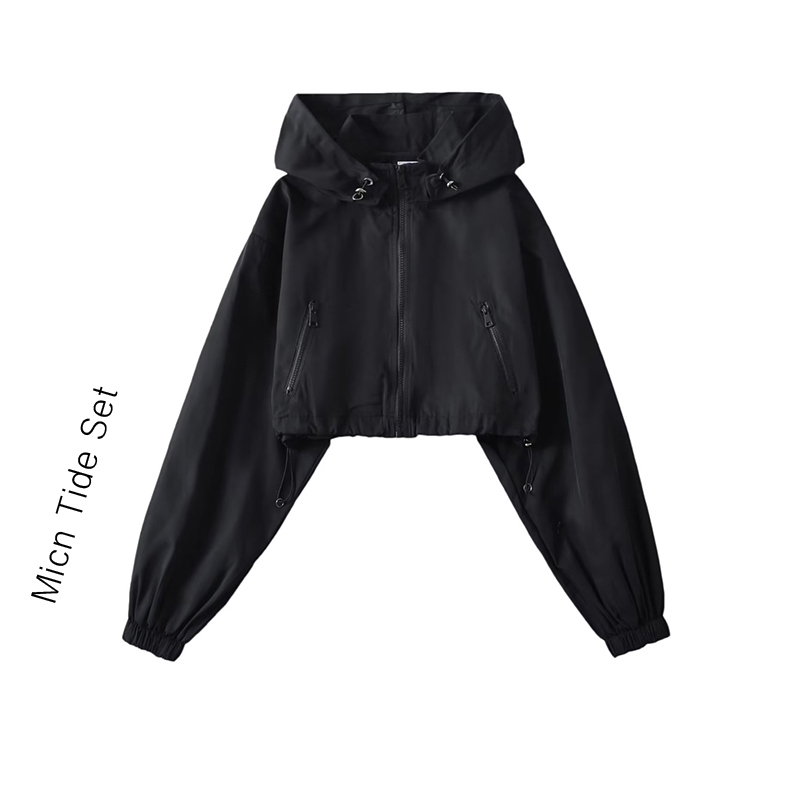 American Retro Functional Style Stand-Up Collar Zipper Jacket for Women, Short Hip-Hop Street Dance Top, Sun Protection Windbreaker Jacket for Autumn