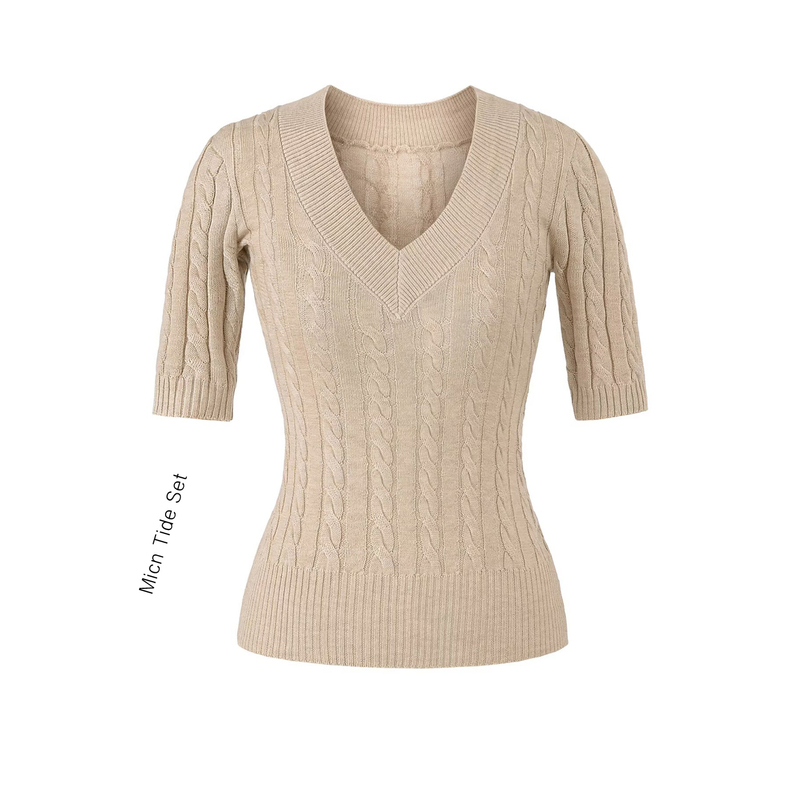 Bm Micn Layered Waist-Cinching V-Neck Cable Knit Short-Sleeve Sweater for Women, Commuter Warm Sweater, Ribbed Knit Base Shirt