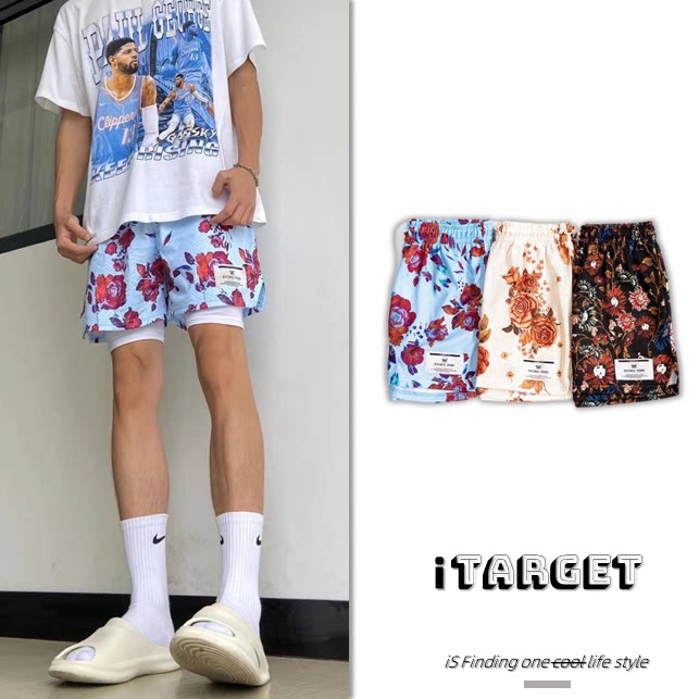 American oil painting Wind RYO KOR AIN though kneecap 40% pants casual mesh shorts male and female summer basketball training 