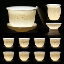 Grab home Chinese white sheep Jade high-end kung fu tea set such as fat porcelain relief three Cai Cup gift box