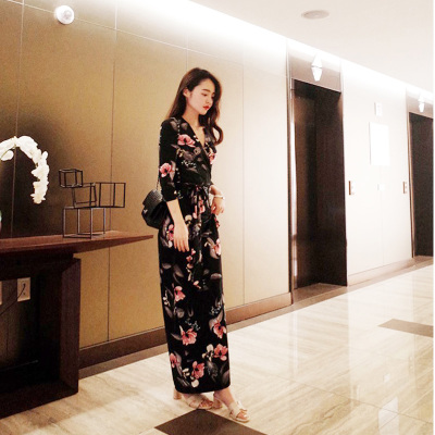 Tính khí đen bảy điểm tay áo v-cổ chia ngã ba một mảnh bọc váy dài váy tie eo cardigan dress đầm thun suông dài qua gối
