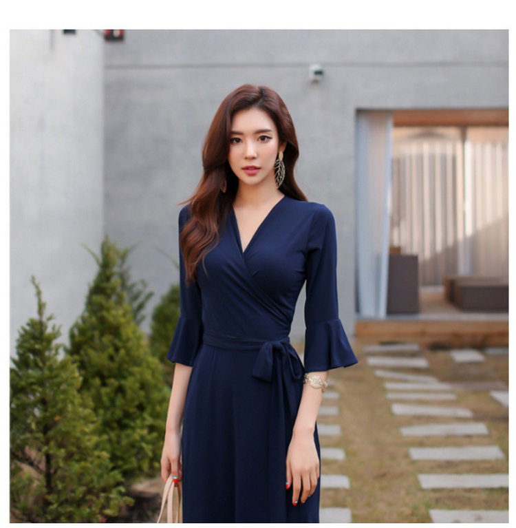 Kích thước lớn bảy điểm tay áo V-Cổ sexy ren bọc váy dài dress Slim ren bọc váy kỳ nghỉ ăn mặc đầm body nhún eo