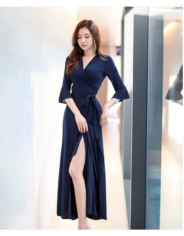 Kích thước lớn bảy điểm tay áo V-Cổ sexy ren bọc váy dài dress Slim ren bọc váy kỳ nghỉ ăn mặc