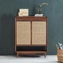 Rattan solid wood sideboard Nordic retro locker Nordic side cabinet living room entrance tea cabinet wall side cabinet