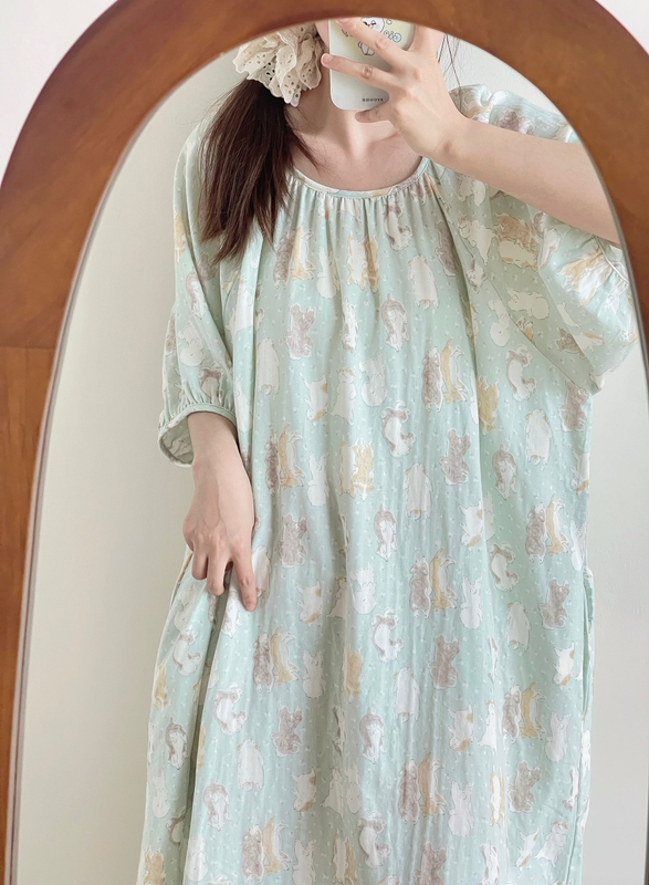 Mint Green Double-Layer Cotton Gauze Thin Summer Cute Corgi Dog Loose Pure Cotton Nightgown Home Wear Long Dress Pajamas Mint Green Double-Layer Cotton Gauze Thin Summer Cute Corgi Dog Loose Pure Cotton Nightgown Home Wear Long Dress Pajamas