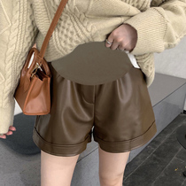 Pregnant Woman Leather Shorts Autumn winter outwear Toabdominal broadleg boots Boots Pants Winter Fashion Loose Tide Moms Hit Bottom Shorts Spring Autumn