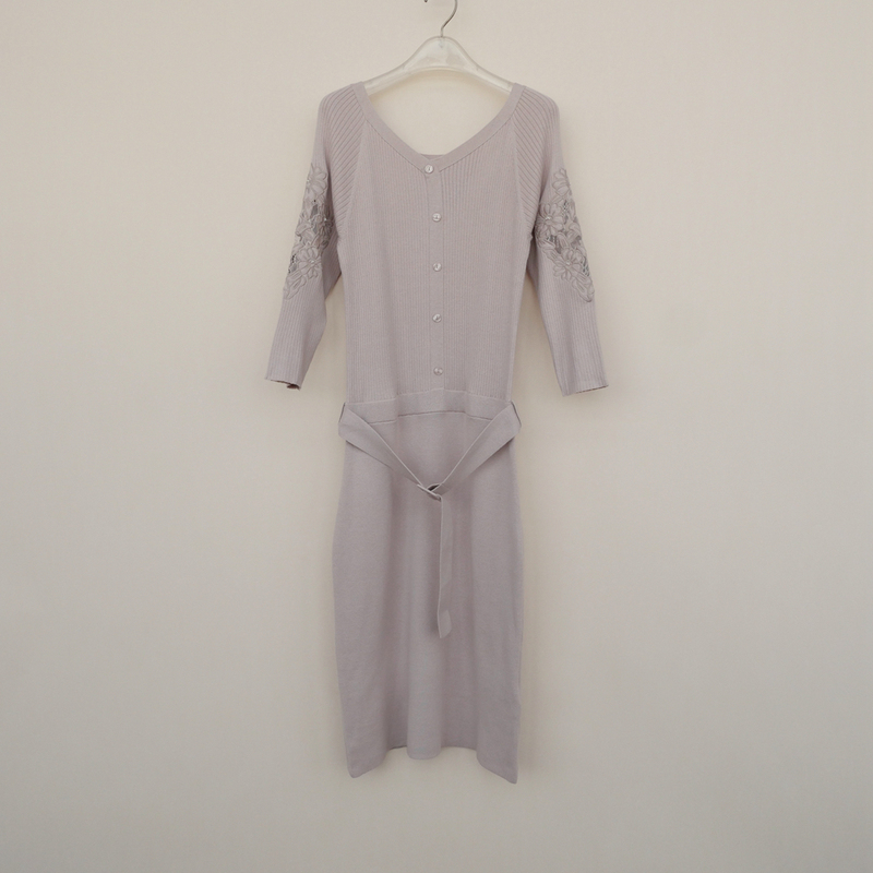 Clearance of Genuine Sml Series: Women's Spring and Autumn Slim-Fit Knee-Length Three-Quarter Sleeve Cotton Knit Dress 4A7542 Gray-Pink