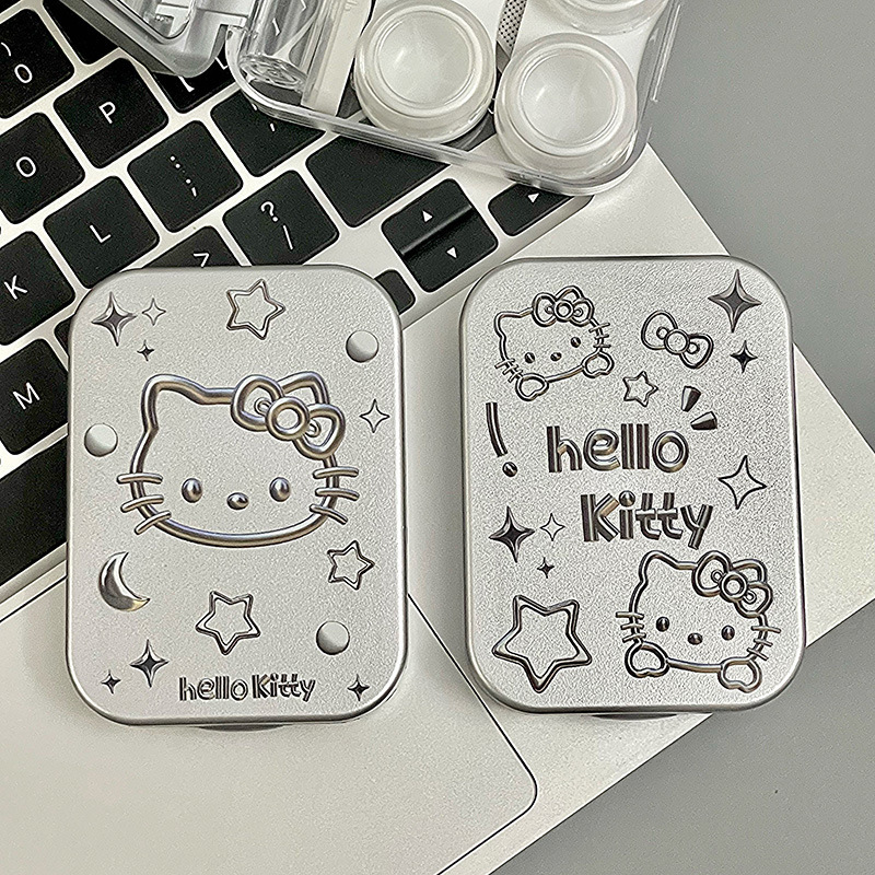 High-End Electroplated Contact Lens Case Hello Kitty Silver ins Style Portable Contact Lens Storage Box Transparent Two-Pack