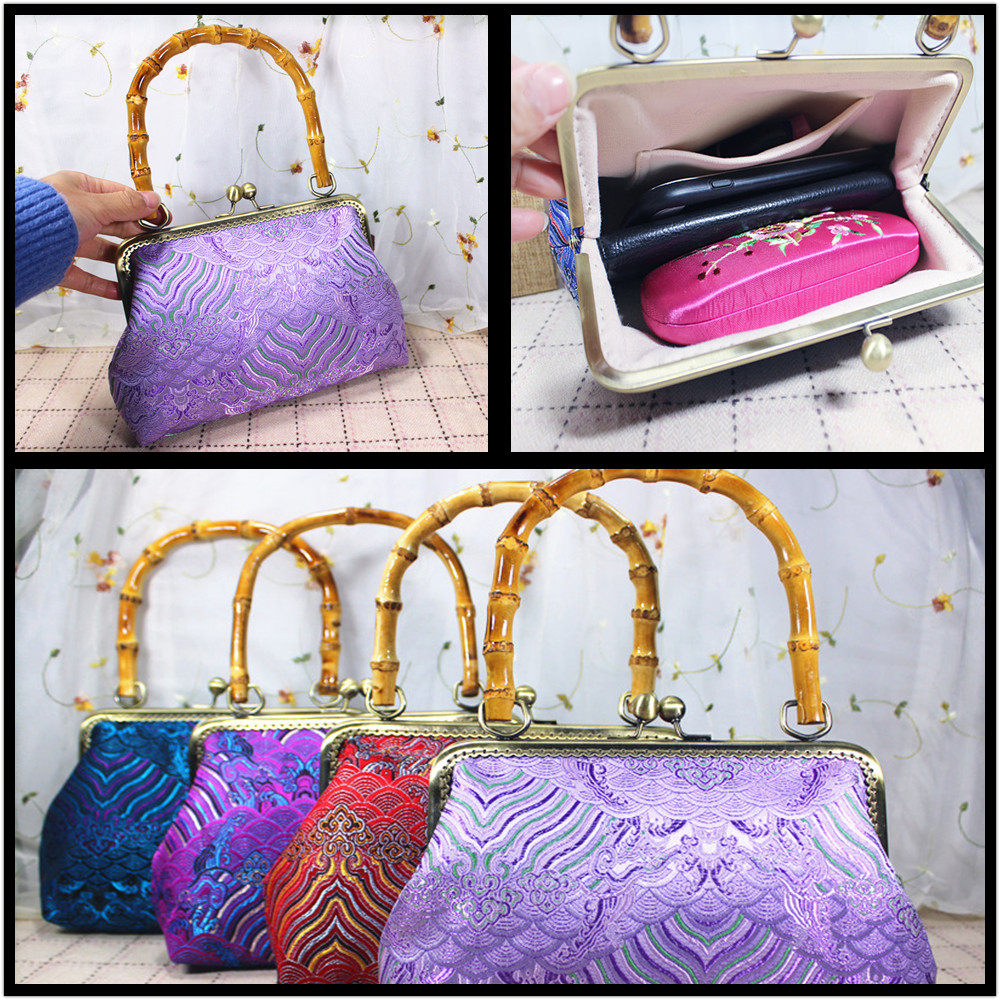 Retro-woven brocade handmade women's handbag qipao with accessories for women's bags Chinese wind women's bag bamboo joints handle handbags