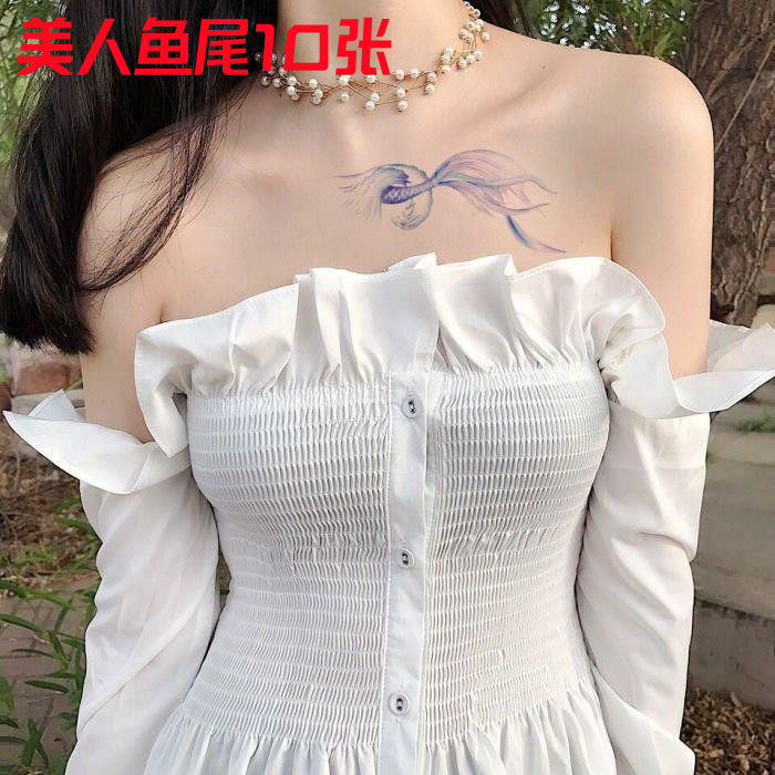 Mermaid tail tattoo stickers Hyun Ya wind waterproof lasting temptation rainbow fish tail clavicle stickers ins female small