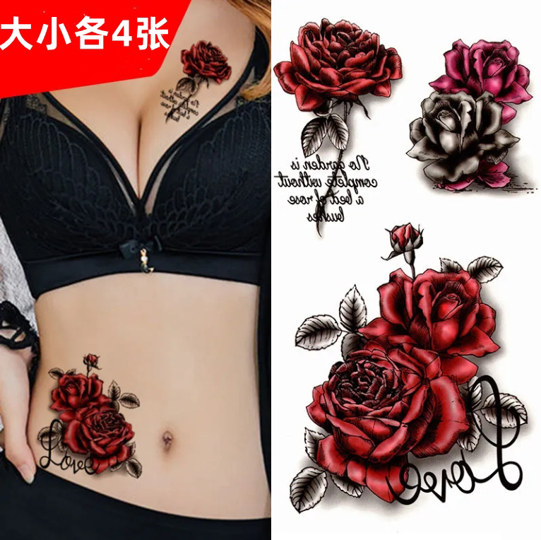 Rose Blossom Dark Black Ensemble Waterproof Female Persistence Sensation Belly C-section Covered Scar Gestational Tattoo Tattoo