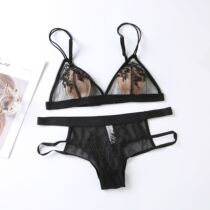 Ultra-thin black mesh sexy embroidery lace bra underwear set see-through temptation big breasts show small ladies bra