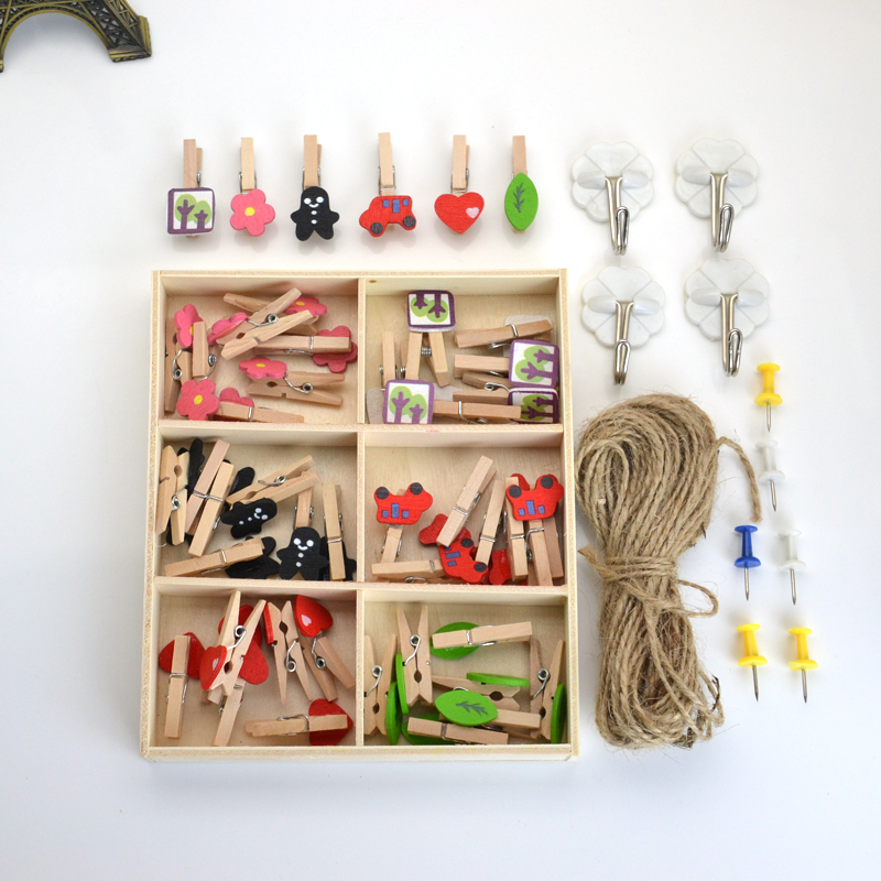 Little Fresh Creative Cartoon Photo Wood Clips Adorned Dorm Room Classroom Photo Wall Clips Send 10 m Hemp Rope Nails