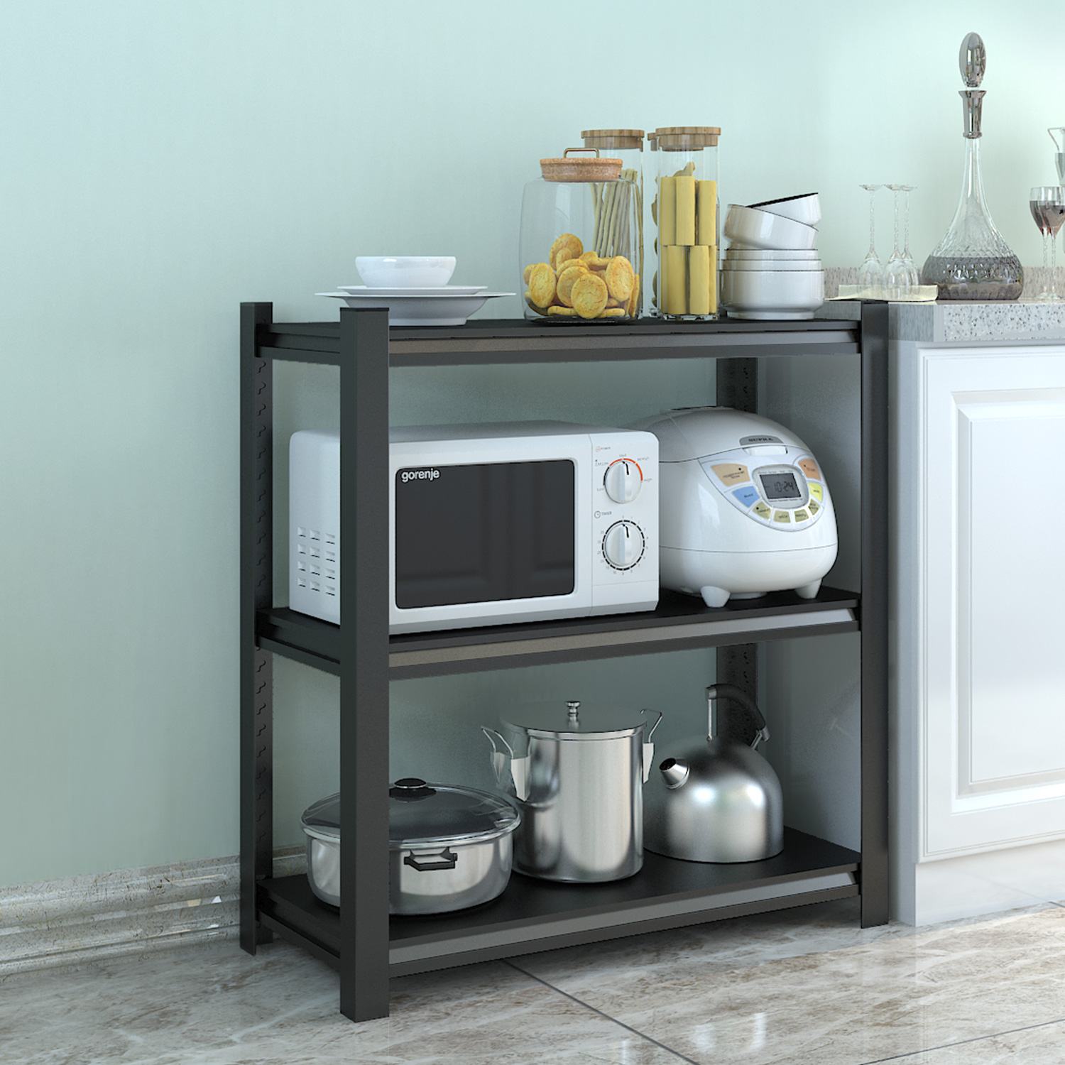 Thickened Kitchen Shelving floor Integral Cabinet Multilayer Shelving Three Black containing shelving Microwave Oven Pan Shelf