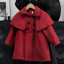Yi Ma original childrens clothing girls woolen coat 2024 autumn and winter new style foreign style childrens fashionable red woolen coat