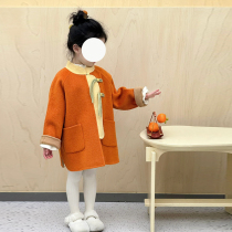 National style childrens clothing girls double-sided woolen coat autumn clothing childrens temperament baby girls medium-length orange woolen coat