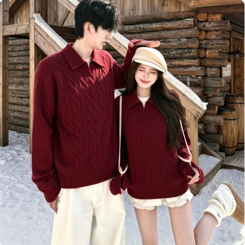Couple's Red Sweater for Men and Women 2026 New Style Fake Two-Piece Lazy Style for Marriage Registration Engagement Party Knitted Sweater Trendy Couple's Red Sweater for Men and Women 2026 New Style Fake Two-Piece Lazy Style for Marriage Registration Engagement Party Knitted Sweater Trendy