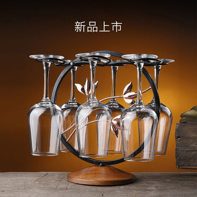 Wrought iron wine glass shelf decoration solid wood hanging upside down goblet cup holder bar home desktop drying cup holder