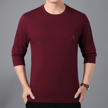 Spring and autumn middle-aged mens cotton T-shirt Middle-aged round neck cotton long-sleeved T-shirt Plus size loose base shirt