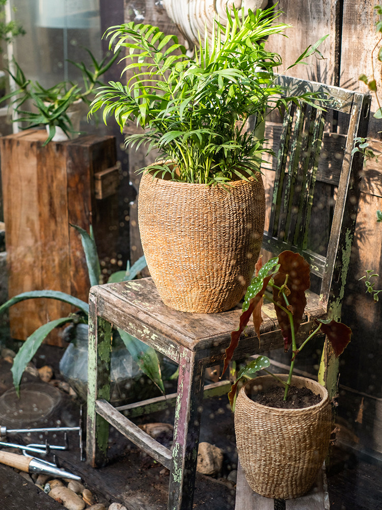 Juhan imitation grass woven cement flower pot Large vase Flower vase Coarse pottery Retro balcony courtyard decoration decoration Indoor