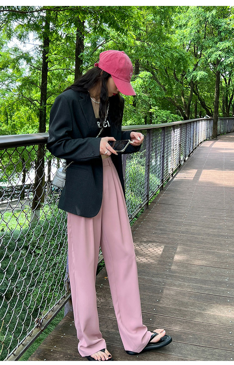 粉色阔腿裤女春秋新款高腰垂感宽松显瘦西装拖地裤夏季休闲直筒裤详情36