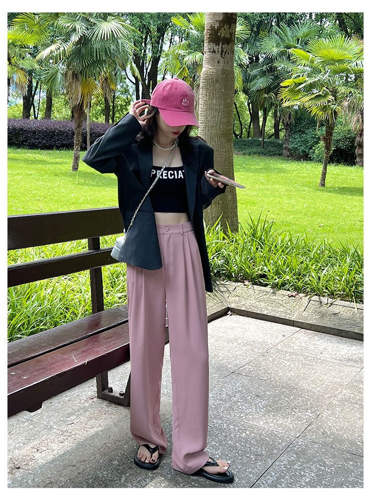 粉色阔腿裤女春秋新款高腰垂感宽松显瘦西装拖地裤夏季休闲直筒裤详情1