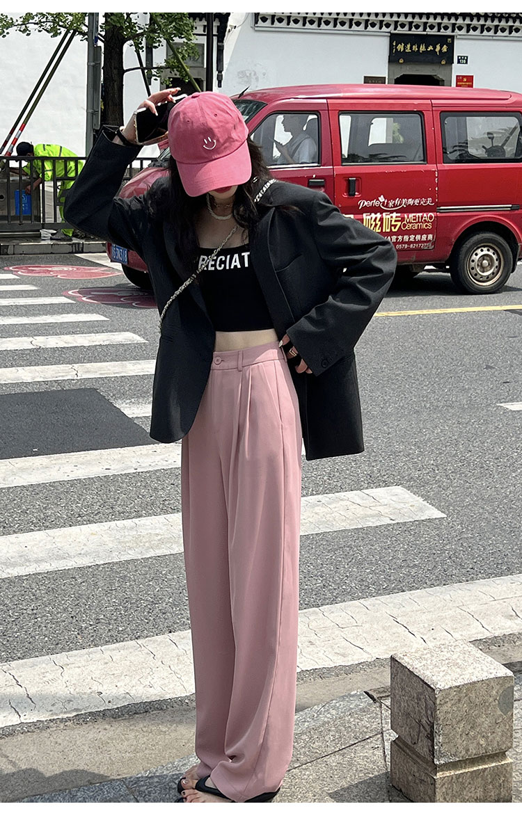 粉色阔腿裤女春秋新款高腰垂感宽松显瘦西装拖地裤夏季休闲直筒裤详情34