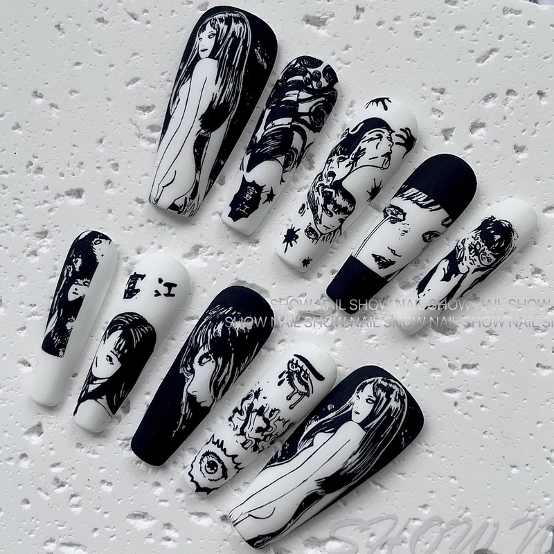 Kawakami Fuyuki Wears Dark-Style Matte Comic Nail Art Finished Nail Patches with Long Ladder Transfer and Hand-Painted Halloween Design Kawakami Fuyuki Wears Dark-Style Matte Comic Nail Art Finished Nail Patches with Long Ladder Transfer and Hand-Painted Halloween Design