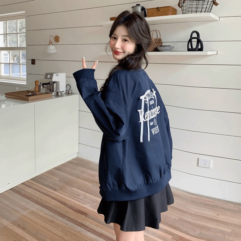 Navy Blue Super Stylish Embroidered Baseball Jacket for Women, 2025 Autumn New American Sweet Cool College Style Loose Jacket