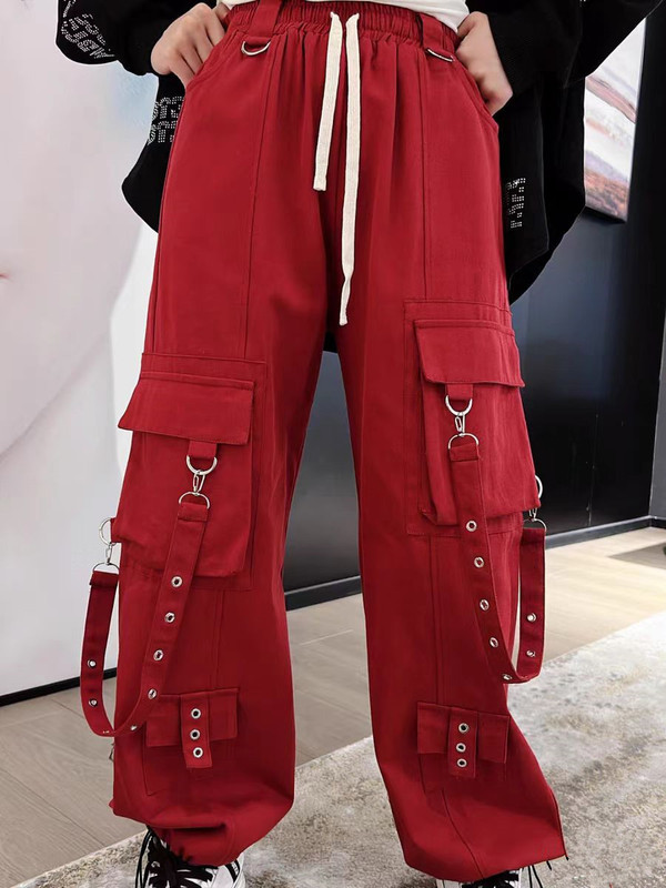 Red Work Pants for Women 2024 New Style Street Dance High-Waisted Straight-Leg American-Style Loose Sports Casual Pants Trendy