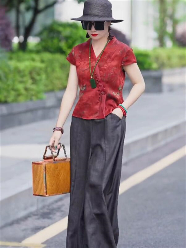 Chinese Style New Silk Cloud Yarn Suit 2026 Summer New Vintage Silk Top Shirt Two-Piece Set with Wide-Leg Pants